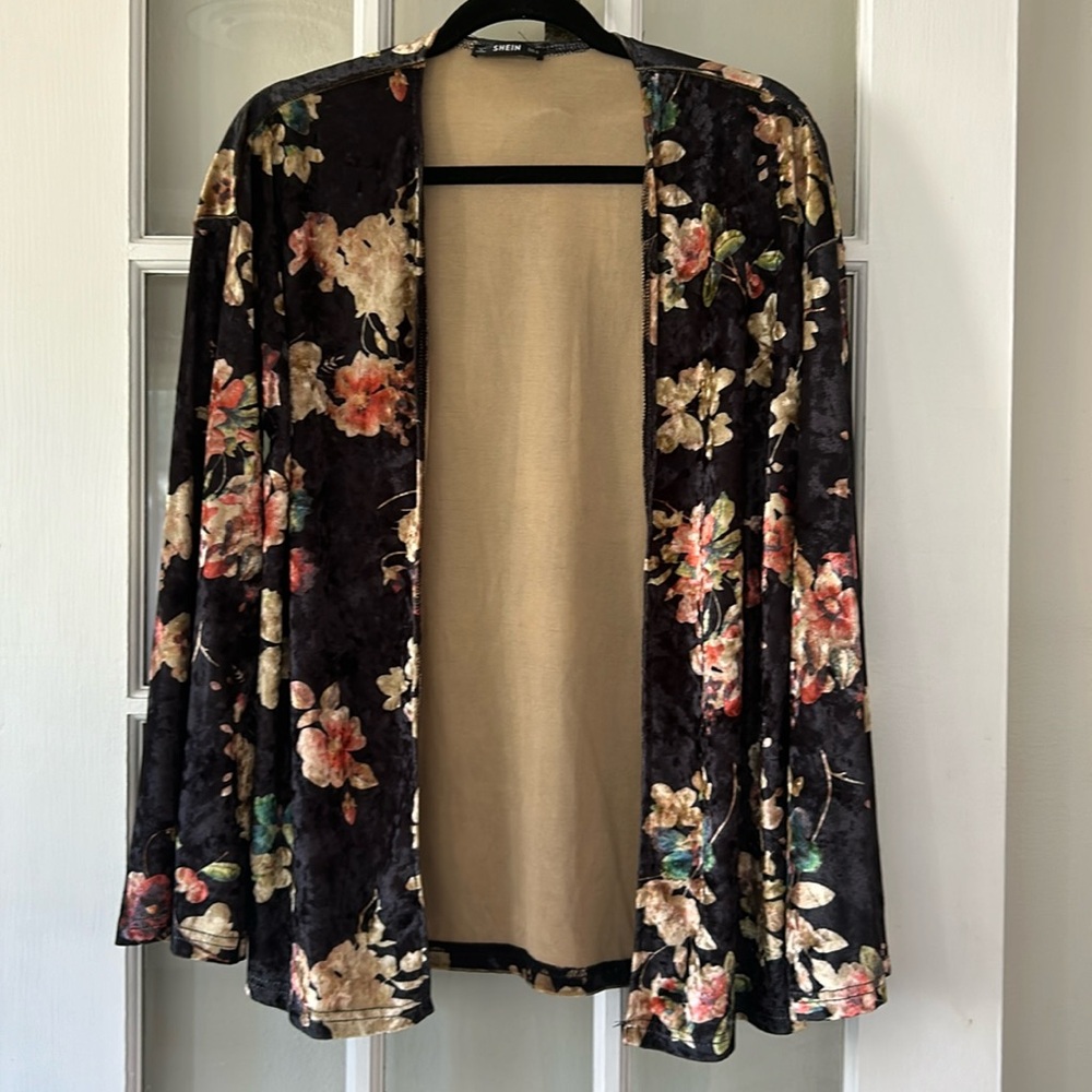SHEIN Faux Suede Floral Open Cardigan Jacket